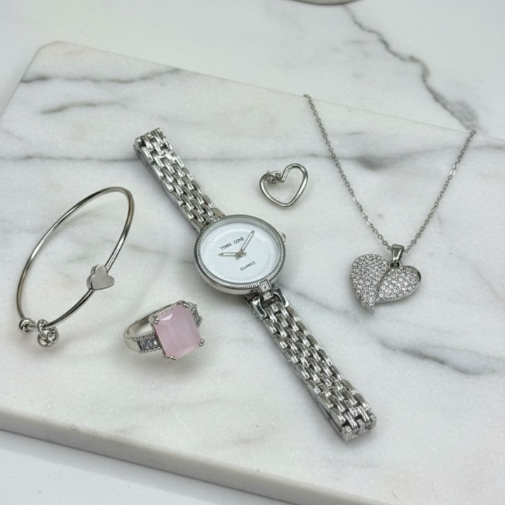 Elegant Heart & Stone 5-Piece Women’s Jewelry Gift Set - Free Jewelry Box