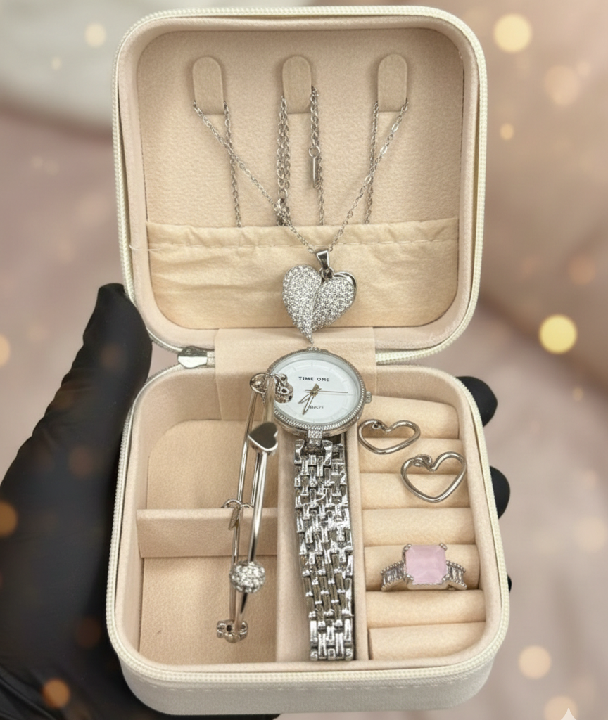 Elegant Heart & Stone 5-Piece Women’s Jewelry Gift Set - Free Jewelry Box